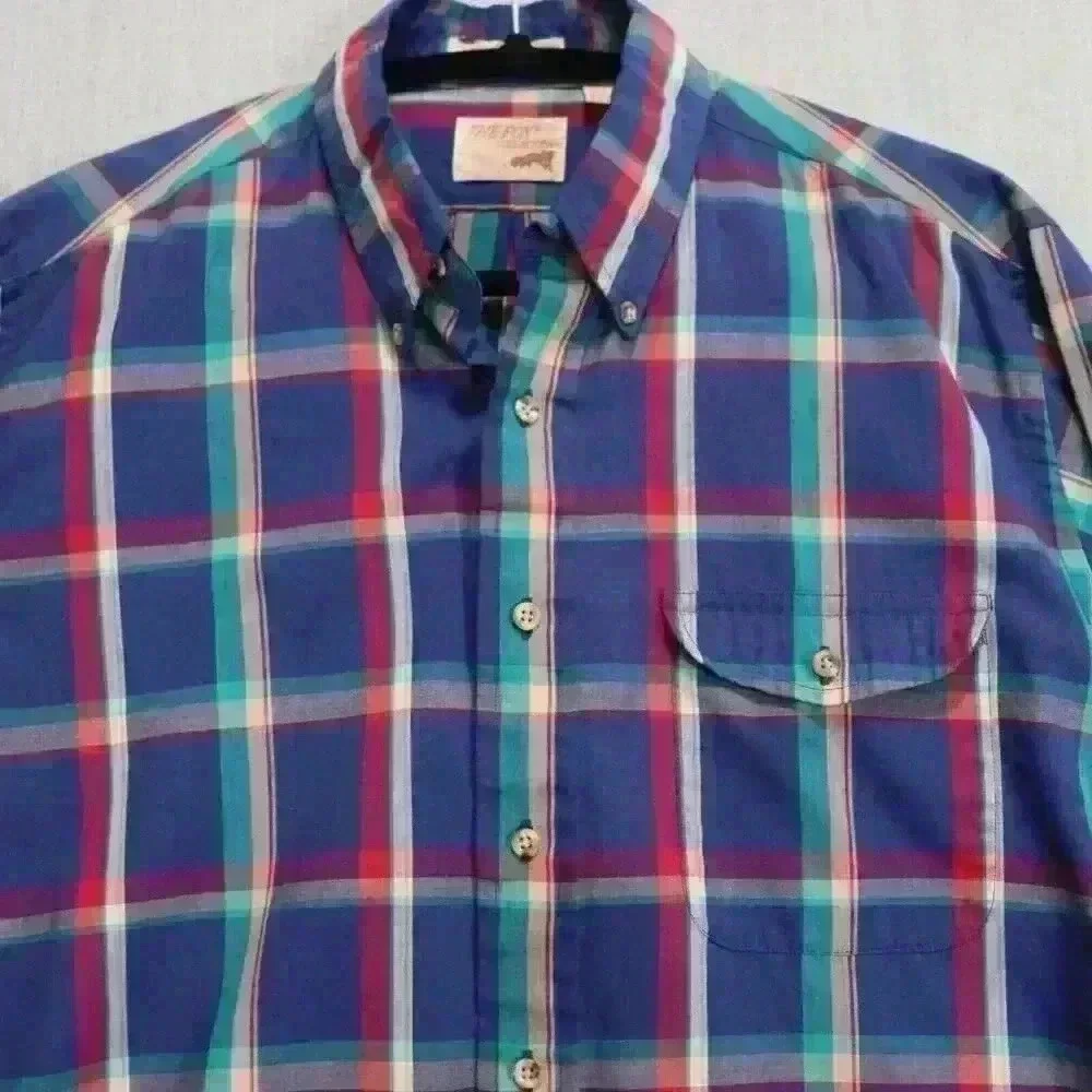 Vintage Plaid Button Down Men's L Tall Long Sleeve Shirt Multicolor Cotton Blend